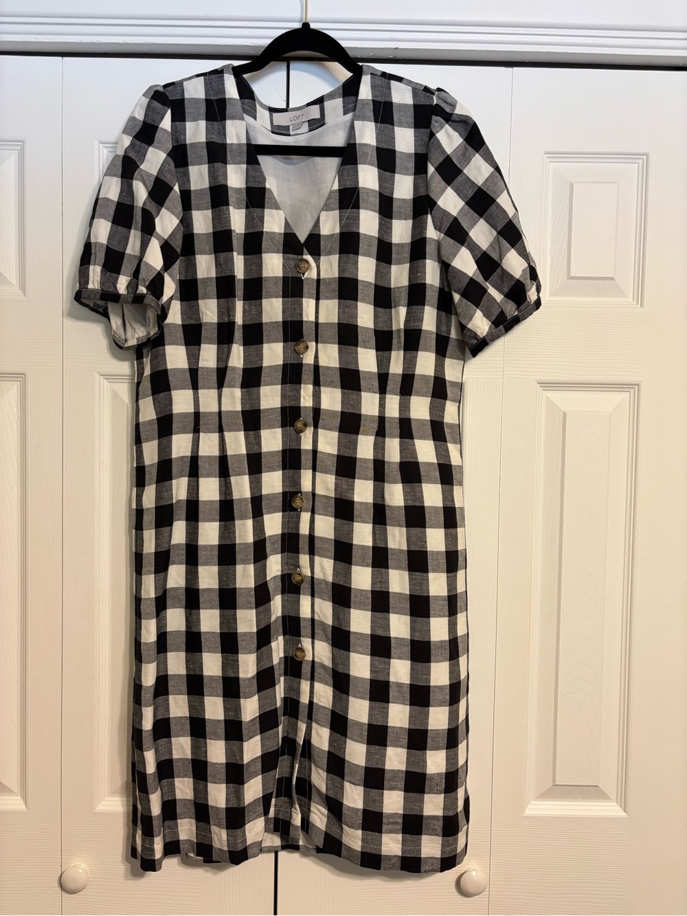 LOFT Black & White Gingham Button-Front Midi Dress